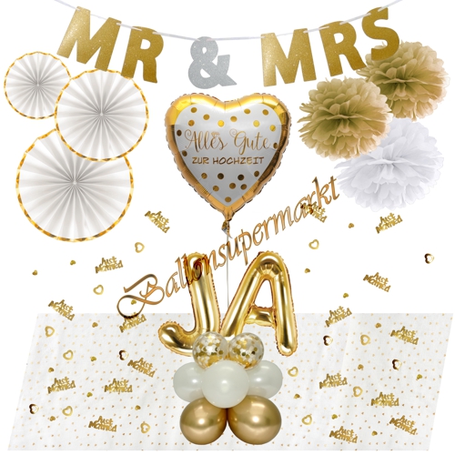 Ballons-und-Dekorations-Set-Alles-Gute-zur-Hochzeit-Gold-Weiss-Ja-Deko-Tischdeko-Hochzeitsfest