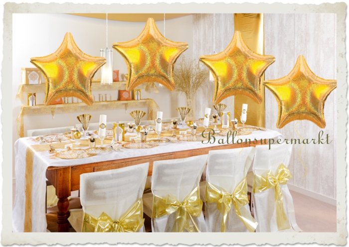 Dekoration zur Goldenen Hochzeit, goldene, holografische Sternballons mit Ballongas Helium schwebend