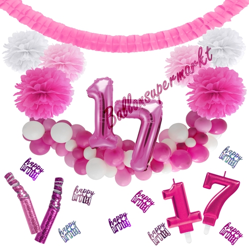 Dekorations-Set-zum-17.-Geburtstag-Wilde-Girlande-Pink-Rosa-Weiß