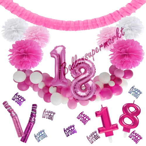 Dekorations-Set-zum-18.-Geburtstag-Wilde-Girlande-Pink-Rosa-Weiß