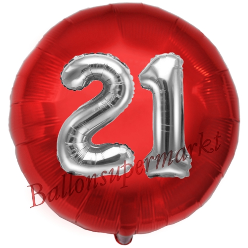 Folienballon-Rund-Jumbo-3D-21.-Geburtstag-Rot-Silber-Zahl-21-Luftballon-Geschenk