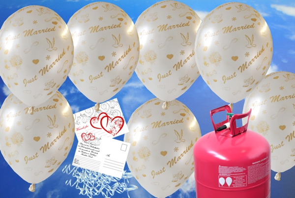 Luftballons-zur-Hochzeit-steigen-lassen-weisse-Just-Married-Luftballons-Helium-Einweg-Set-mit-Ballonflugkarten