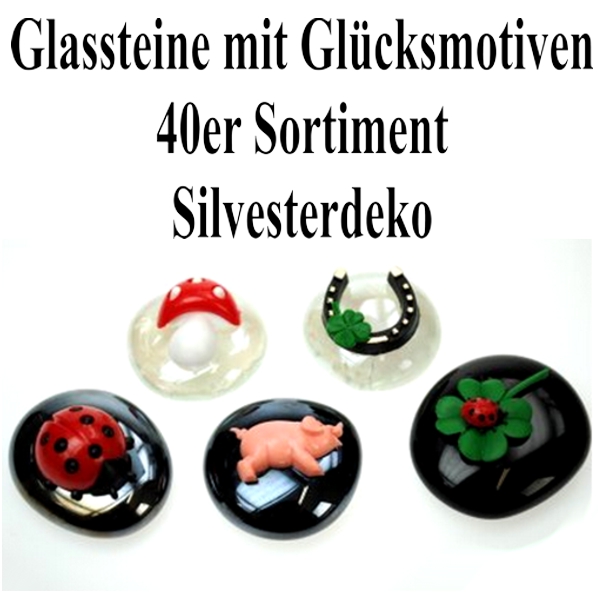 Silvester-Tischdekoration-Glassteine-mit-Gluecksbringern