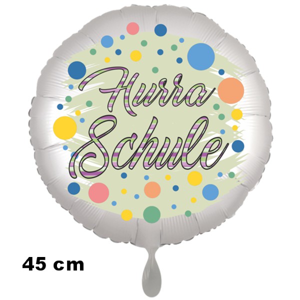 Hurra Schule, Luftballon aus Folie, Satin de Luxe, weiß, 45 cm, zur Einschulung