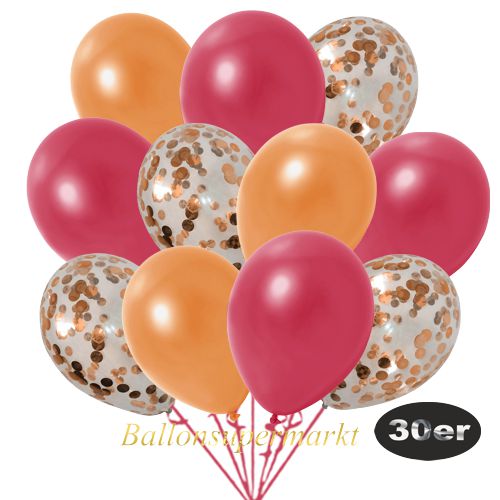 Partydeko Luftballon Set 30er, konfetti-luftballons-30-stueck-orange-konfetti-und-metallic-orange-metallic-rot-30-cm