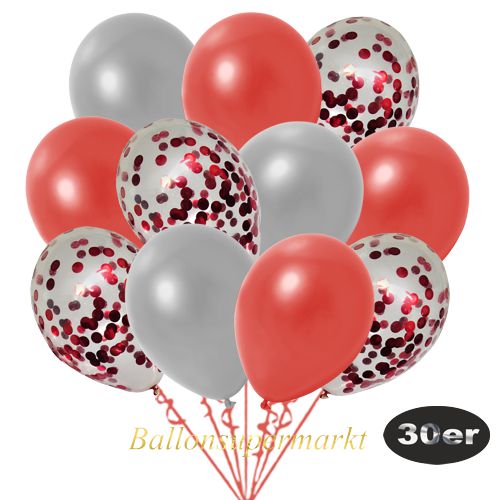 Partydeko Luftballon Set 30er, konfetti-luftballons-30-stueck-rot-konfetti-und-metallic-warmrot-metallic-silber-30-cm