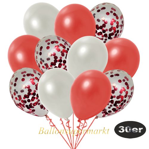 Partydeko Luftballon Set 30er, konfetti-luftballons-30-stueck-rot-konfetti-und-metallic-warmrot-metallic-weiss-30-cm