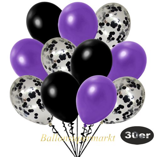 Partydeko Luftballon Set 30er, konfetti-luftballons-30-stueck-schwarz-konfetti-und-metallic-violett-metallic-schwarz-30-cm