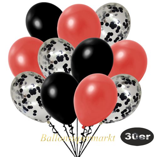 Partydeko Luftballon Set 30er, konfetti-luftballons-30-stueck-schwarz-konfetti-und-metallic-warmrot-metallic-schwarz-30-cm