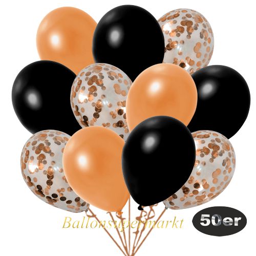 Partydeko Luftballon Set 50er, konfetti-luftballons-50-stueck-orange-konfetti-und-metallic-schwarz-metallic-orange-30-cm