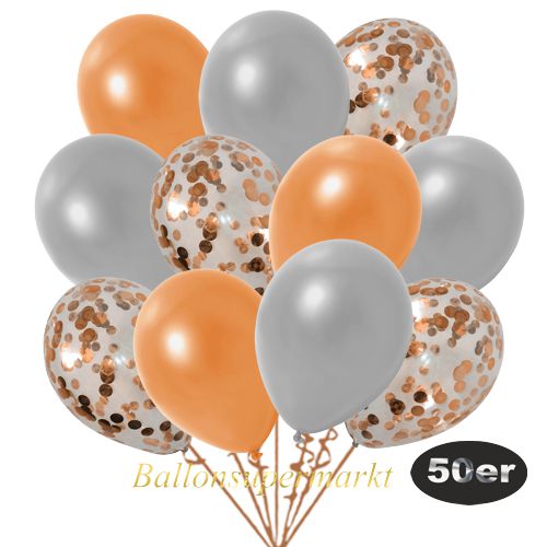 Partydeko Luftballon Set 50er, konfetti-luftballons-50-stueck-orange-konfetti-und-metallic-silber-metallic-orange-30-cm