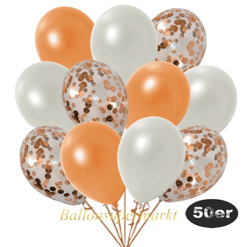 Partydeko Luftballon Set 50er, konfetti-luftballons-50-stueck-orange-konfetti-und-metallic-weiss-metallic-orange-30-cm