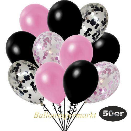 Partydeko Luftballon Set 50er, konfetti-luftballons-50-stueck-rosa-konfetti-schwarz-konfetti-und-metallic-rose-metallic-schwarz-30-cm