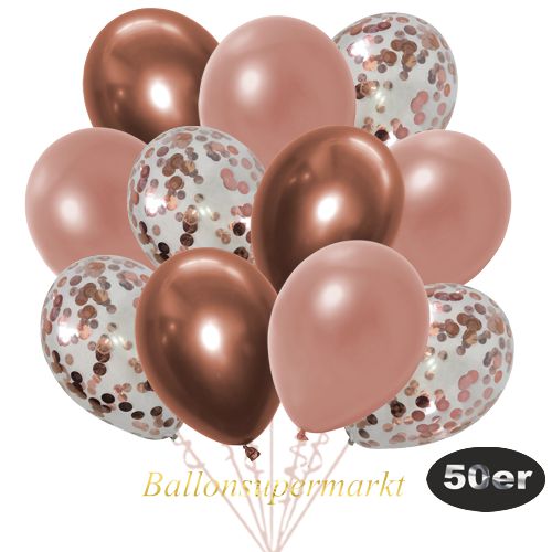 Partydeko Luftballon Set 50er, konfetti-luftballons-50-stueck-rosegold-konfetti-und-metallic-rosegold-chrome-kupfer-30-cm