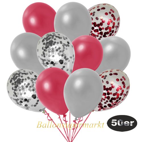 Partydeko Luftballon Set 50er, konfetti-luftballons-50-stueck-rot-konfetti-silber-konfetti-und-metallic-rot-metallic-silber-30-cm