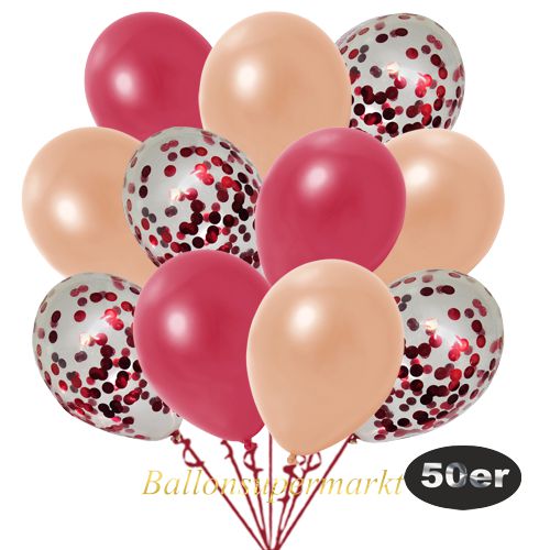 Partydeko Luftballon Set 50er, konfetti-luftballons-50-stueck-rot-konfetti-und-metallic-lachs-metallic-rot-30-cm