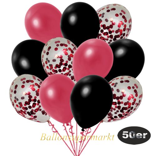 Partydeko Luftballon Set 50er, konfetti-luftballons-50-stueck-rot-konfetti-und-metallic-schwarz-metallic-rot-30-cm