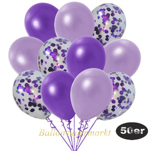 Partydeko Luftballon Set 50er, konfetti-luftballons-50-stueck-violett-konfetti-und-metallic-lila-metallic-violett-30-cm