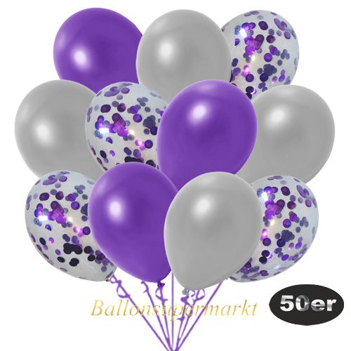 Partydeko Luftballon Set 50er, konfetti-luftballons-50-stueck-violett-konfetti-und-metallic-silber-metallic-violett-30-cm