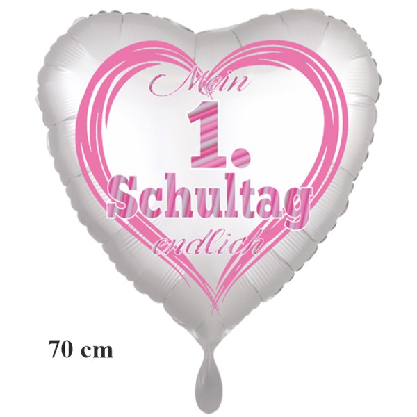 Mein 1. Schultag - endlich. Großer Herzluftballon, Satin de Luxe, weiß, 70 cm mit Helium 