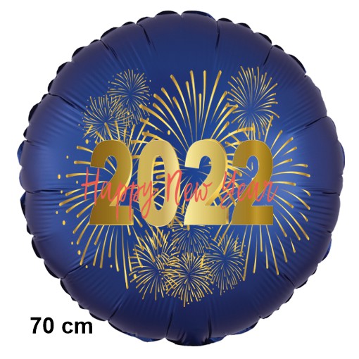 Großer Silvester Luftballon 2022 Feuerwerk, Satin de Luxe, blau, 70 cm