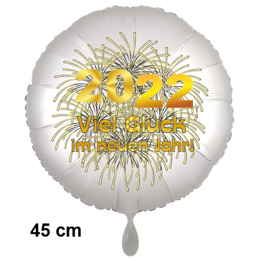 Silvester Luftballon 2022 "Viel Glück im neuen Jahr", Satin de Luxe, weiß, 45 cm