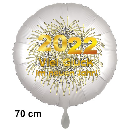 Silvester Luftballon 2022 "Viel Glück im neuen Jahr", Satin de Luxe, weiß, 70 cm