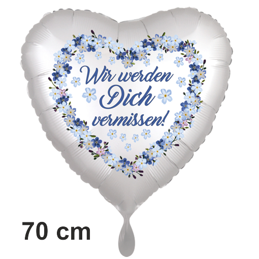 Wir werden Dich vermissen! Vergissmeinnicht-Herzluftballon, 70 cm satinweiß ohne Helium