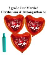 Ballons Helium Set Hochzeit: 5 große Herzluftballons Just Married mit Ballongasflasche