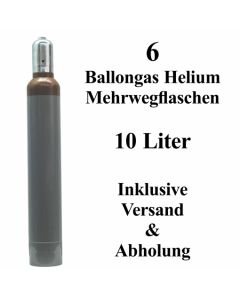 6 Ballongas Helium 10 Liter, 14 Tage Verleih, Mehrwegflaschen