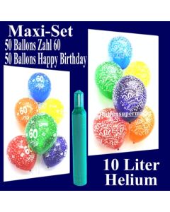 Ballons Helium Set zum 60. Geburtstag, 50 Luftballons Zahl 60 und 50 Luftballons Happy Birthday, 10 Liter Helium-Ballongas