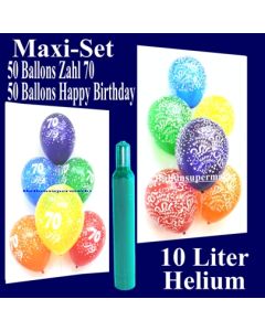 Ballons Helium Set zum 70. Geburtstag, 50 Luftballons Zahl 70 und 50 Luftballons Happy Birthday, 10 Liter Helium-Ballongas