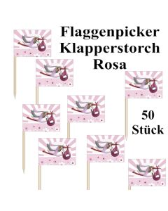 Flaggenpicker Klapperstorch, Rosa, Dekopicker, Partypicker zu Geburt und Taufe eines Mädchens