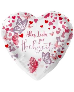 Alles Liebe zur Hochzeit, Schmetterlinge, Herzballon zur Hochzeit, Folienballon inklusive Helium