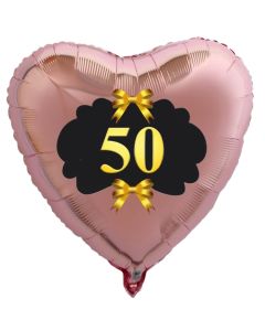 Herzballon aus Folie, 50 mit goldenen Schleifen, roségold, mit Ballongas Helium, Dekoration Goldene Hochzeit