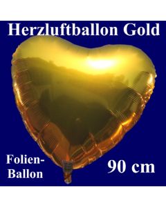 Großer Herzluftballon aus Folie, Gold, 90 cm, mit Ballongas Helium