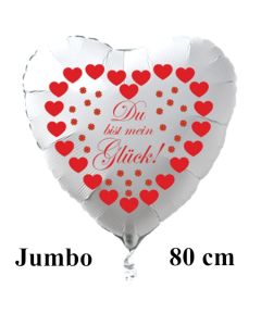 Großer Herzluftballon in Weiß "Du bist mein Glück!" zum Valentinstag mit roten Herzen und Glücksklee