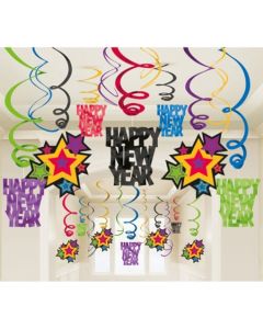 Silvester Dekoration, Swirls, Wirbler, Deko-Hänger, Happy New Year, bunt