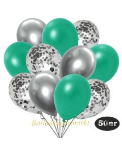 luftballons-50er-pack-15-silber-konfetti-und-18-metallic-tuerkisgruen-17-chrome-silber