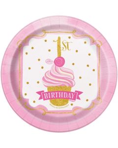 8 Mini-Partyteller 1st Birthday Pink & Gold zum 1. Kindergeburtstag, Maedchen