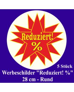 Werbeschilder "Reduziert! %" 5 Stück, rund, 28 cm