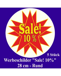 Werbeschilder "Sale! 10%" 5 Stück, rund, 28 cm