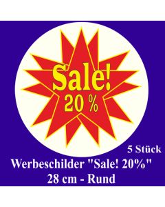 Werbeschilder "Sale! 20%" 5 Stück, rund, 28 cm