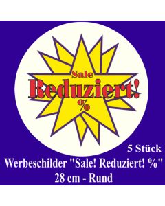 Werbeschilder "Sale! Reduziert! %" 5 Stück, rund, 28 cm