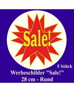 Werbeschilder "Sale!" 5 Stück, rund, 28 cm