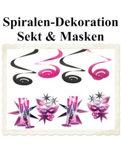 Silvesterdeko Spiralen, Dekohänger Sekt und Masken, Partydekoration Silvester