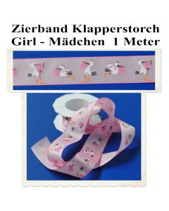 Deko-Zierband, Stoff-Schmuckband, Klapperstorch, Rosa, Mädchen, Girl, 1 Meter zu Geburt und Taufe