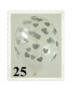 Luftballons 30 cm, Kristall, Transparent mit silbernen Herzen, 25 Stück