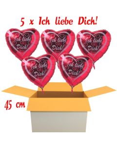 Valentinsgrüße im Karton, 5 x Ich liebe Dich Herzluftballons mit Helium