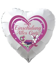 Zur Einschulung Alles Gute! Herzförmiger, weißer Luftballon mit Ballongas Helium gefüllt